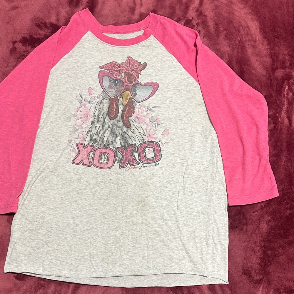 Chicken Lovers sublimation print Pink and Gray raglan Valentine’s Day shirt